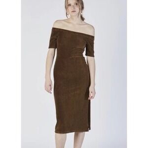 PALOMA WOOL Buenaventura Midi Dress Womens Brown Sz Large Corduroy Off Shoulder